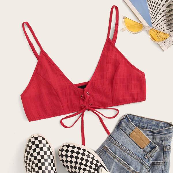 

Lace-up Front Crop Cami Top, Red bright