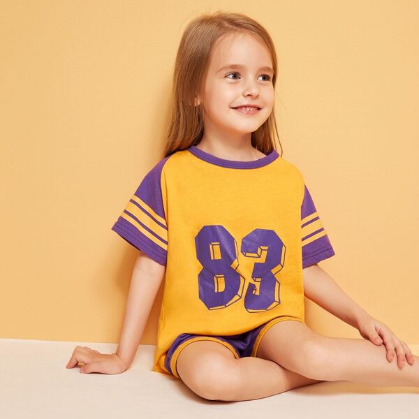 

Toddler Girls Number Print Striped Sleeve PJ Set