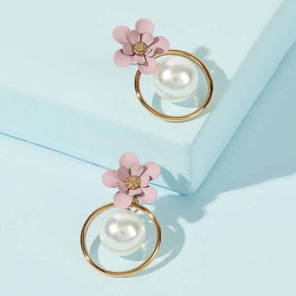 

Flower & Faux Pearl Decor Hoop Drop Earrings 1pair