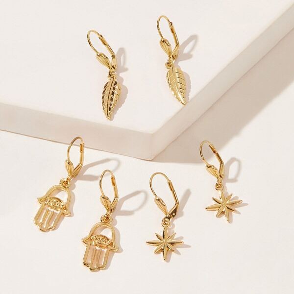 

Palm & Leaf Drop Earrings 3pairs, Gold