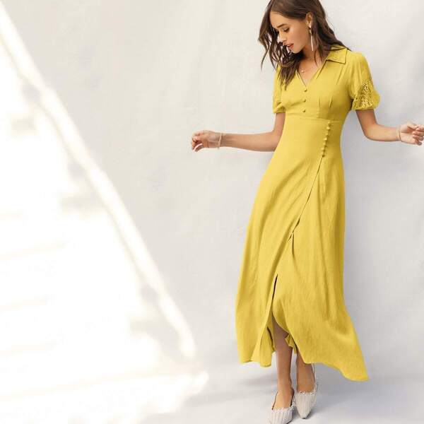 

Button Front Lace Sleeve Wrap Split Dress, Yellow