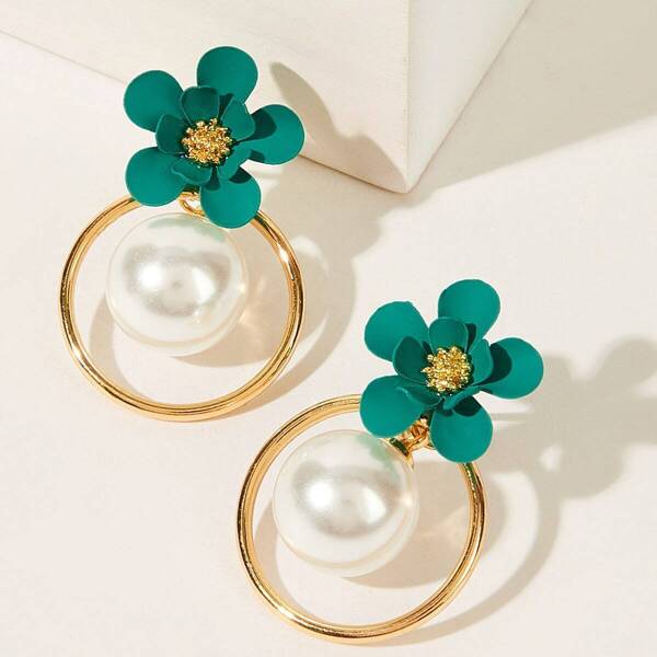 

Flower & Faux Pearl Decor Hoop Drop Earrings 1pair