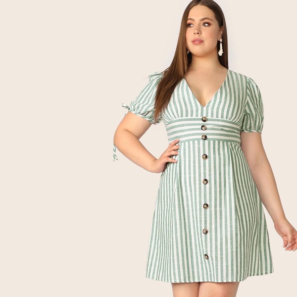 

Plus Button Front Knot Cuff Pleated Striped Dress