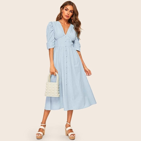 

Puff Sleeve Button Front Ring Belted Tea Dress, Blue