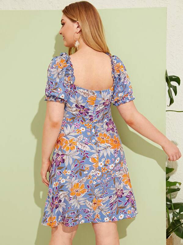 

Plus Ruffle Trim Tie Neck Floral Print Dress, Multicolor, Nora