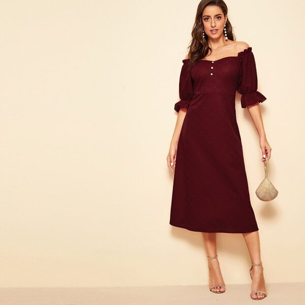

Off Shoulder Beaded Front Textured Dress, Burgundy