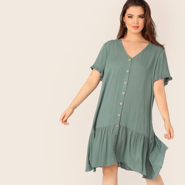 

Plus Ruffle Cuff Button Front Flippy Hem Dress, Green