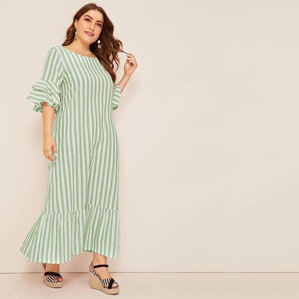 Plus Bell Sleeve Ruffle Trim Striped Dress, Green