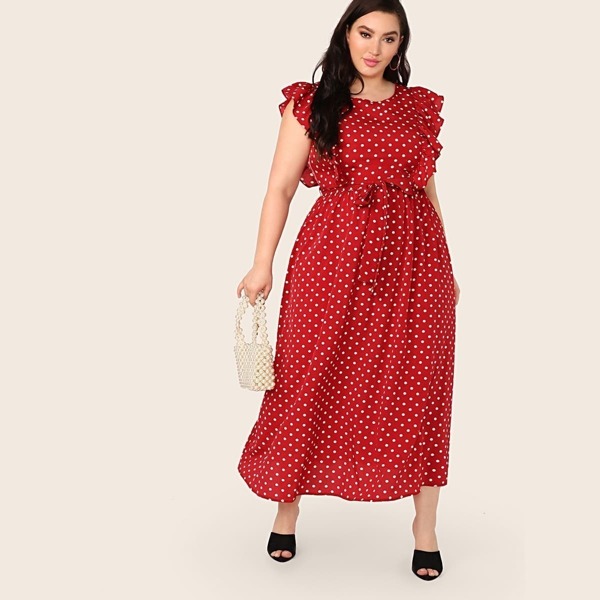 

Plus Ruffle Armhole Polka Dot Belted Dress, Red