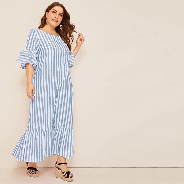 

Plus Layered Bell Sleeve Flippy Hem Striped Dress, Blue