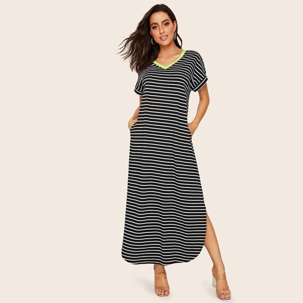 

Neon Trim Pocket Side Split Curved Hem Dress, Black