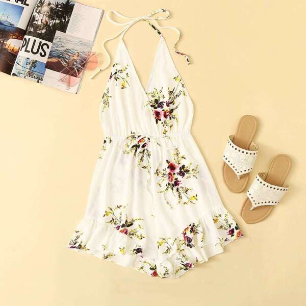 

Drawstring Waist Ruffle Trim Backless Halter Romper