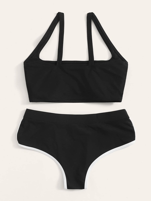

Square Neck Top With Piping Trim Panty Bikini Set