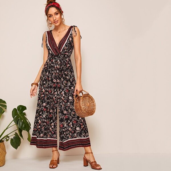 

Mixed Print Tie Shoulder Surplice Plunging Neck Jumpsuit, Black