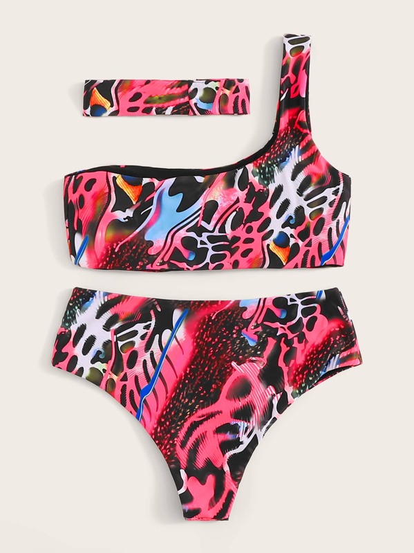 

Animal Print One Shoulder Bikini Set With Choker
