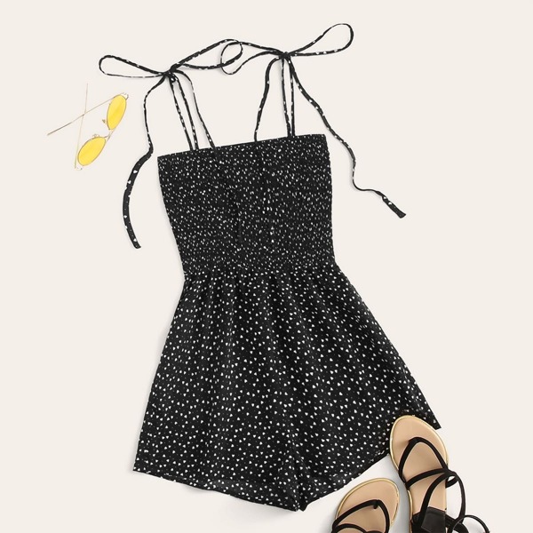 

Knot Strap Shirred Bodice Confetti Heart Print Romper, Black
