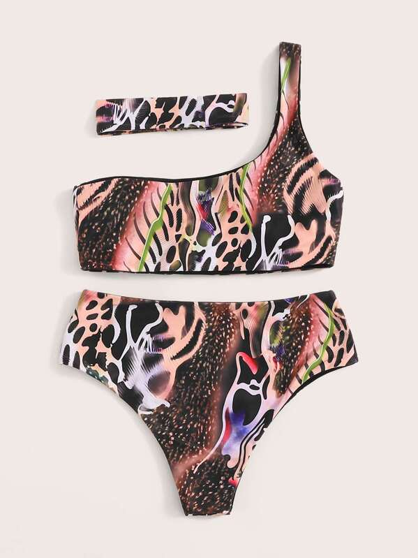 

Animal Print One Shoulder Bikini Set With Choker