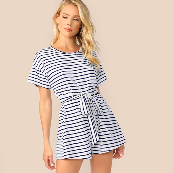 

Wide Leg Belted Striped Tee Romper, White