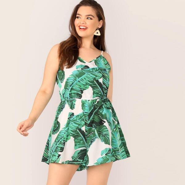 Plus Tropical Print Elastic Waist Slip Romper