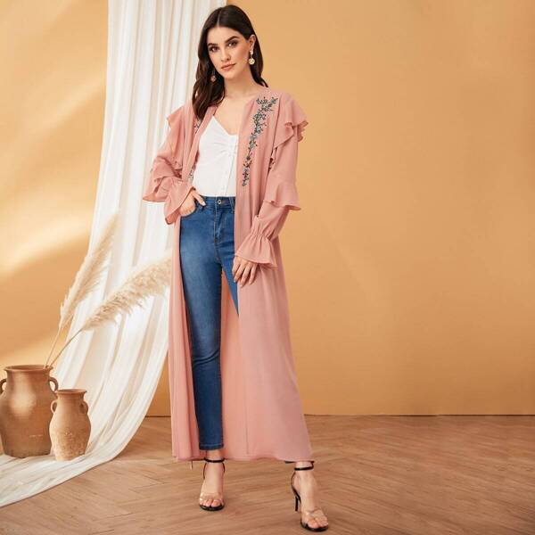 

Ruffle Trim Embroidery Front Belted Kimono, Pink