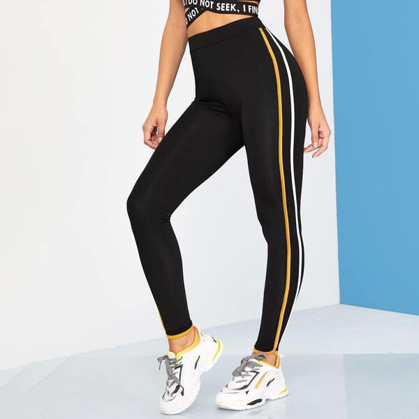 

High Waist Striped Tape Side Leggings, Black