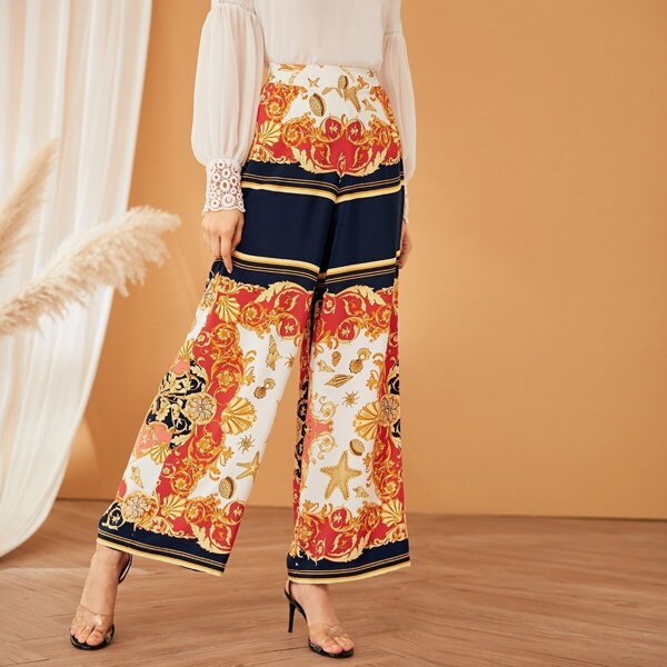 

Scarf Print Wide Waistband Wide Leg Pants, Multicolor