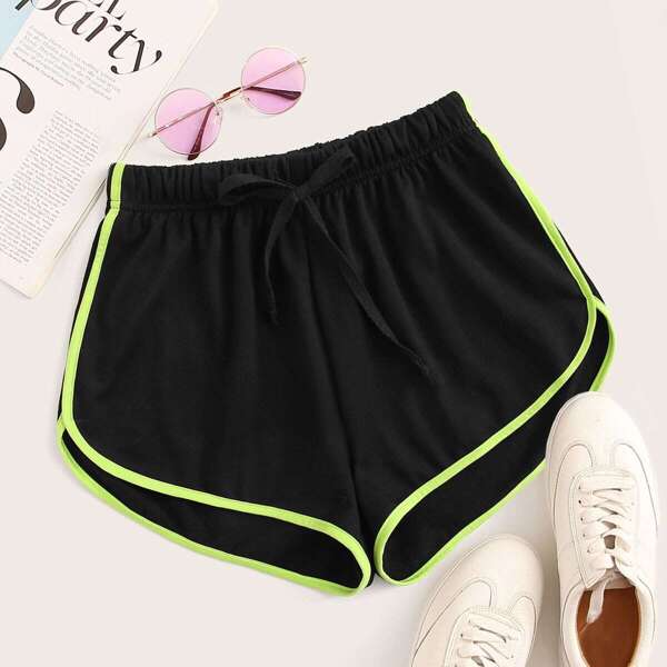 

Drawstring Waist Neon Binding Shorts, Black