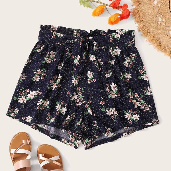 

Plus Mixed Print Paperbag Waist Shorts, Navy