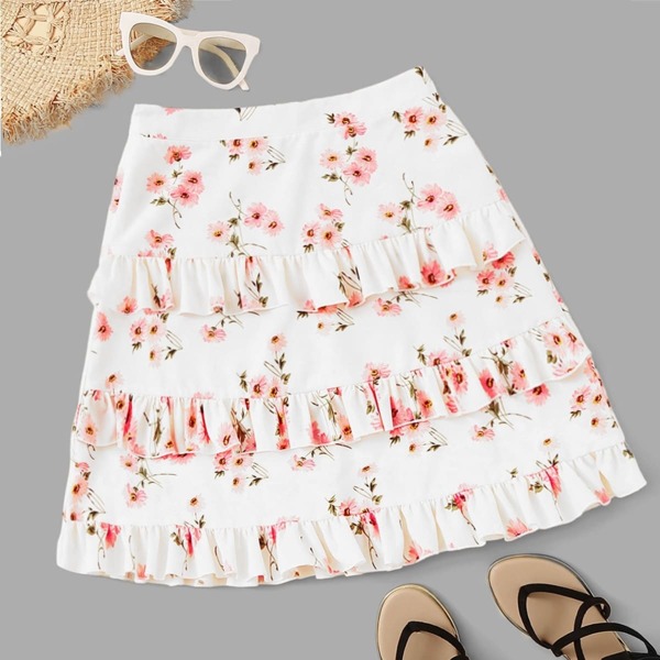 

Floral Print Layered Ruffle Hem Skirt