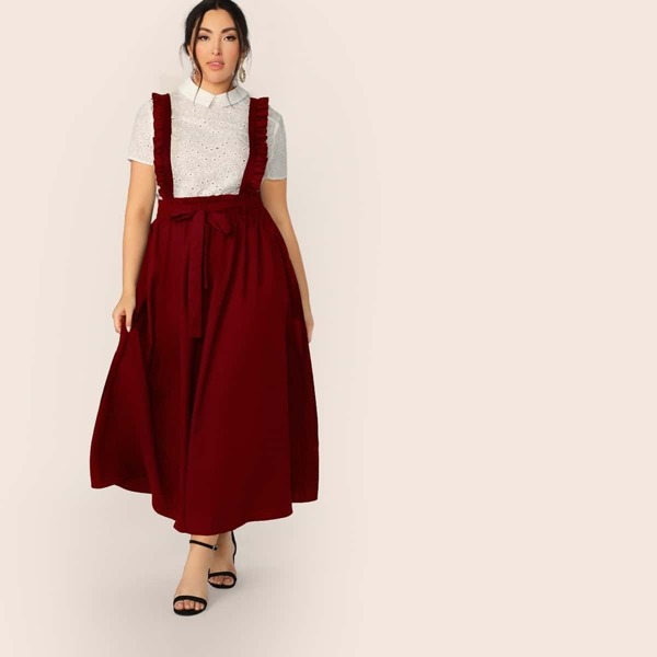 

Plus Paperbag Waist Self Belted Skirt With Ruffle Strap, Burgundy