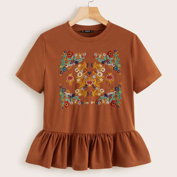 

Botanical Embroidered Flounce Hem Top