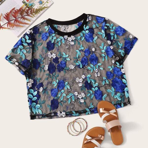 

Plus Embroidery Appliques Mesh Top, Multicolor