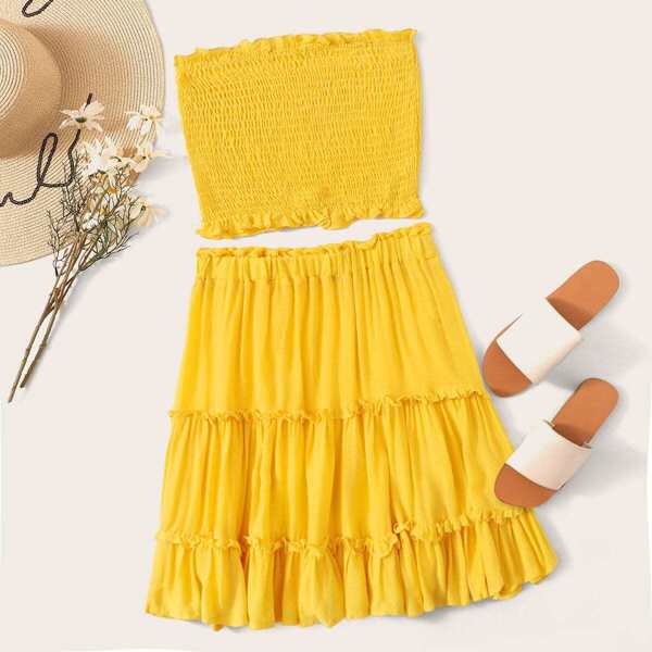

Shirred Bandeau Top and Frill Trim Skirt Set