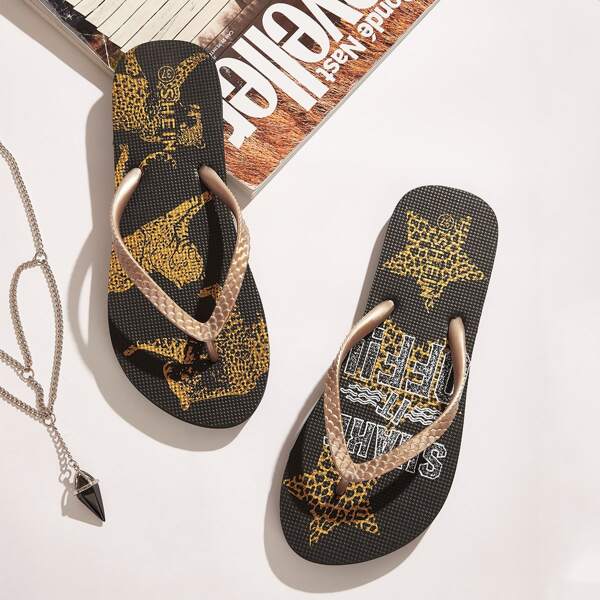 

Letter & Leopard Star Pattern Toe Post Slippers