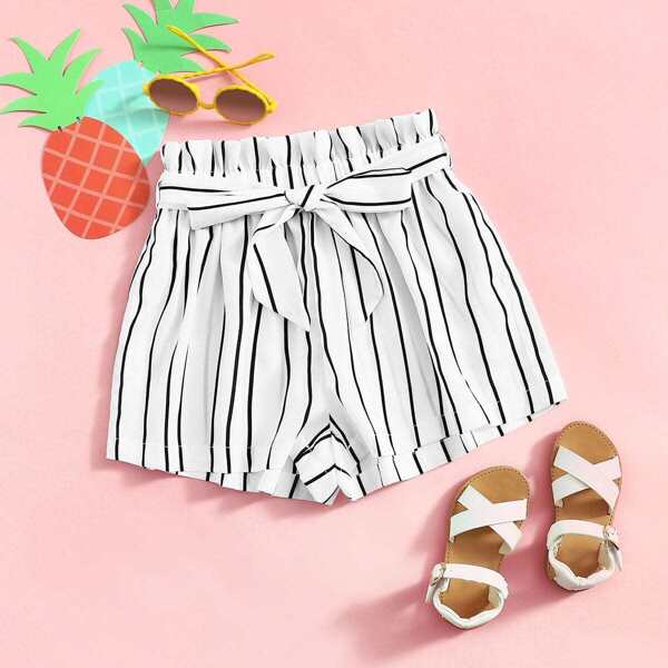 

Girls Paperbag Waist Striped Belted Shorts
