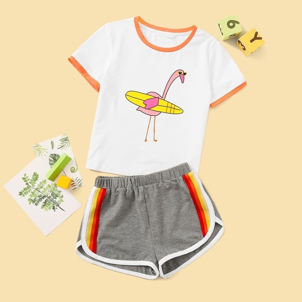 

Girls Animal Print Ringer Top & Striped Dolphin Shorts Set, Multicolor