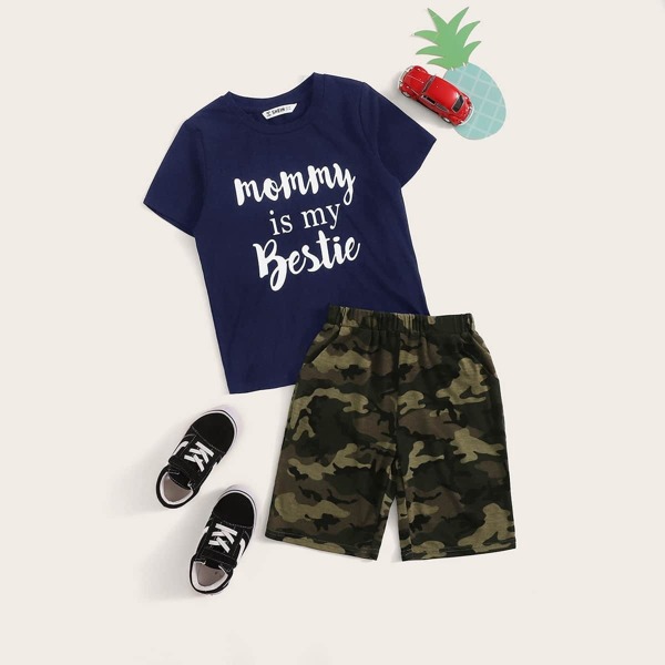 

Boys Slogan Print Top & Camo Shorts Set