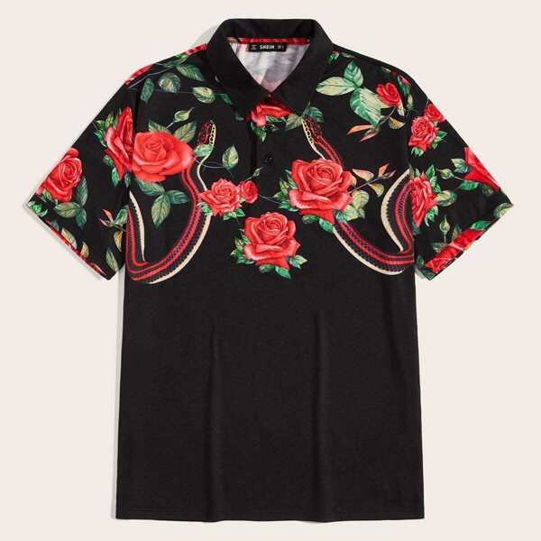 

Men Flower and Snake Print Polo Shirt