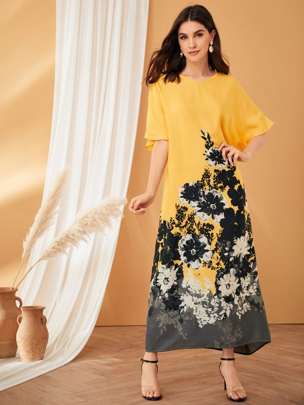 

Batwing Sleeve Floral Print Tent Dress, Yellow, Vikie