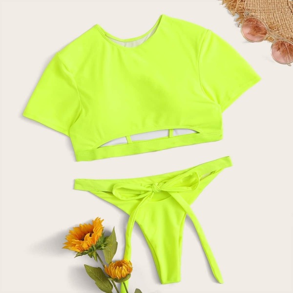 

Neon Lime Short Sleeve Self Tie Two Piece Swimwear