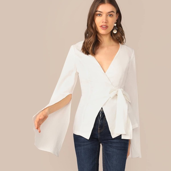 

Bell Split Sleeve Surplice Neck Knot Blazer