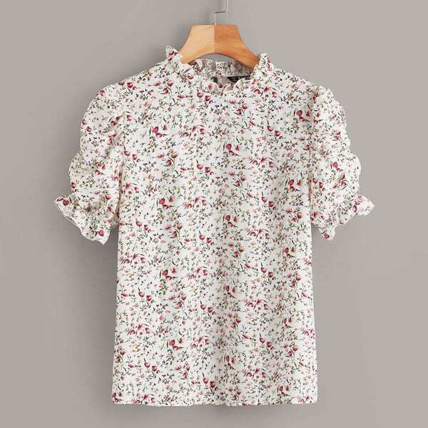 

Ditsy Floral Gathered Sleeve Frill Trim Top