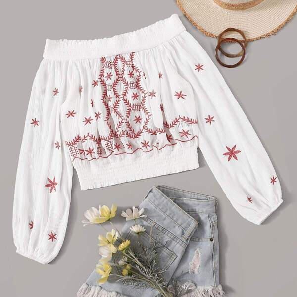 

Embroidered Detail Shirred Panel Off Shoulder Top, White