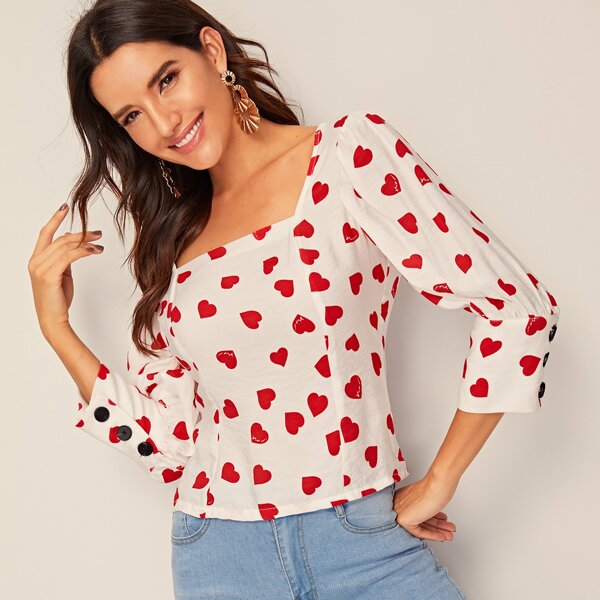 

Buttoned Cuff Square Neck Heart Print Top