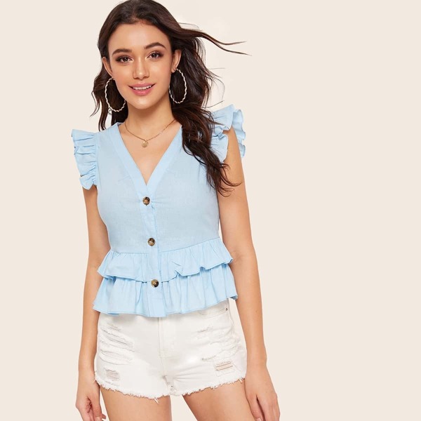 

Button Through Layered Ruffle Peplum Top, Blue