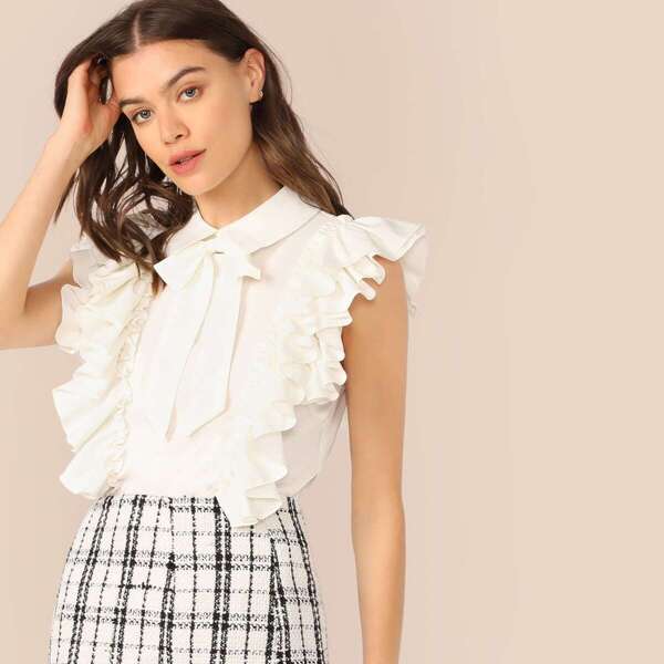 

Tie Neck Layerd Ruffle Trim Blouse