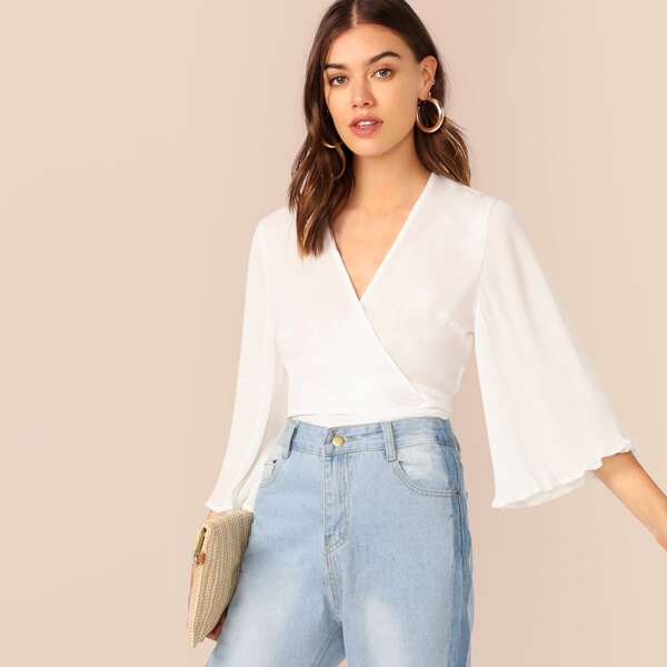 

Cutout Back Lettuce Trim Cuff Rib-knit Wrap Belted Top, White