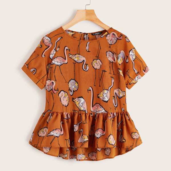

Flamingo Print Keyhole Back Smock Top, Orange