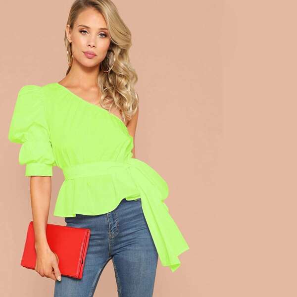 

Neon Lime One Shoulder Gathered Sleeve Belted Top