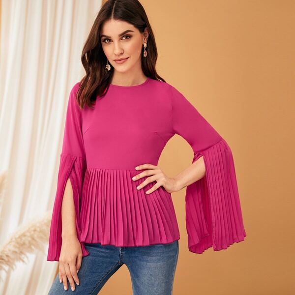 

Solid Zip Back Split Sleeve Pleated Top, Pink